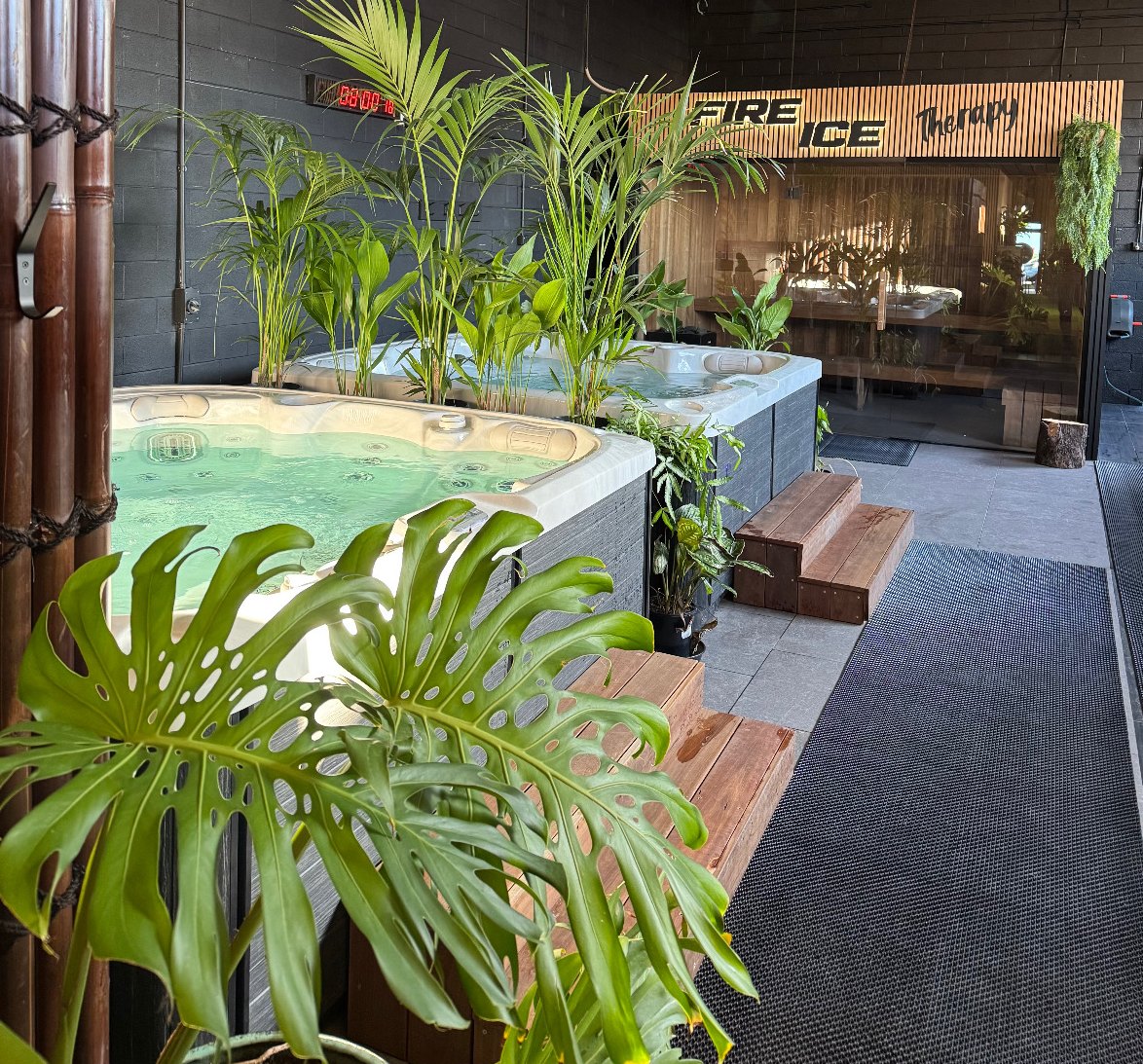 The Elements area with magnesium spas, tropical plants and the Fire and Ice sauna